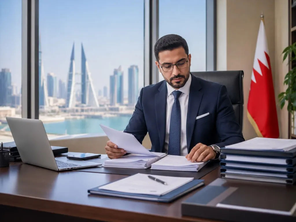 Licence and commercial-registration files being reviewed in a Manama office