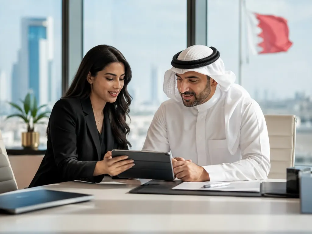 Employer briefing on a visa file in a Manama office