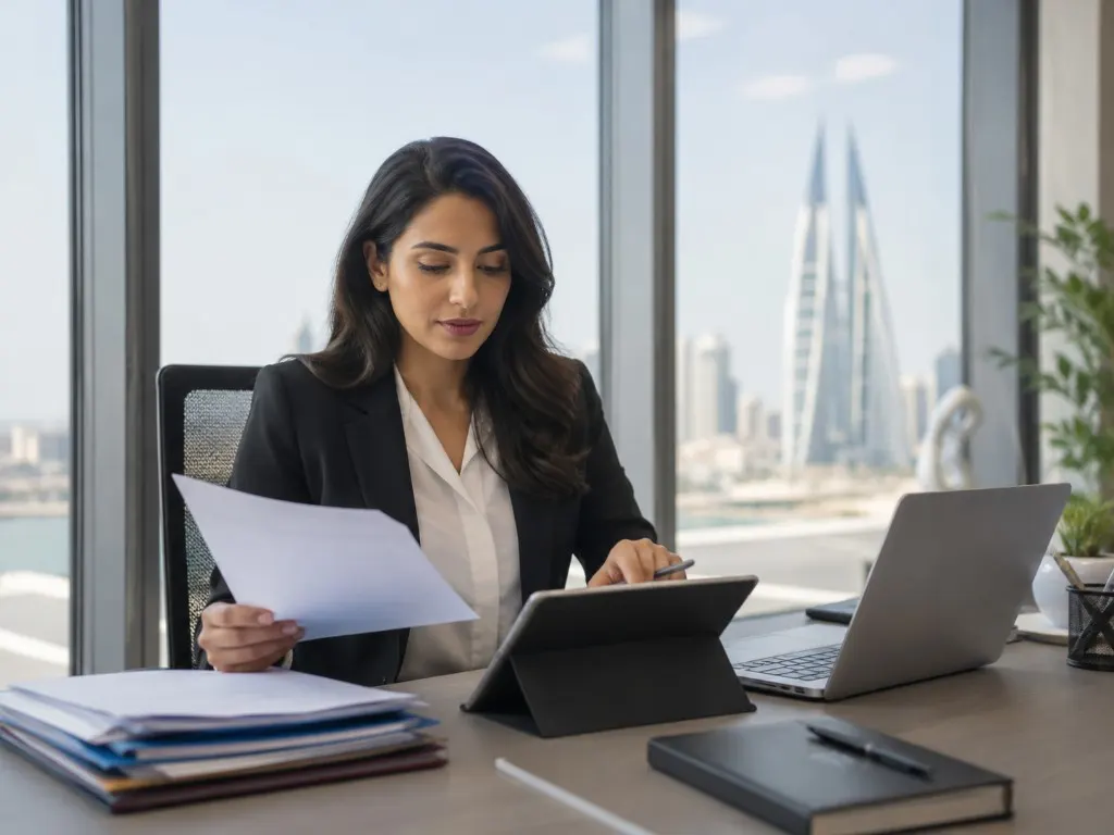 Visa file preparation at a desk in a Manama office