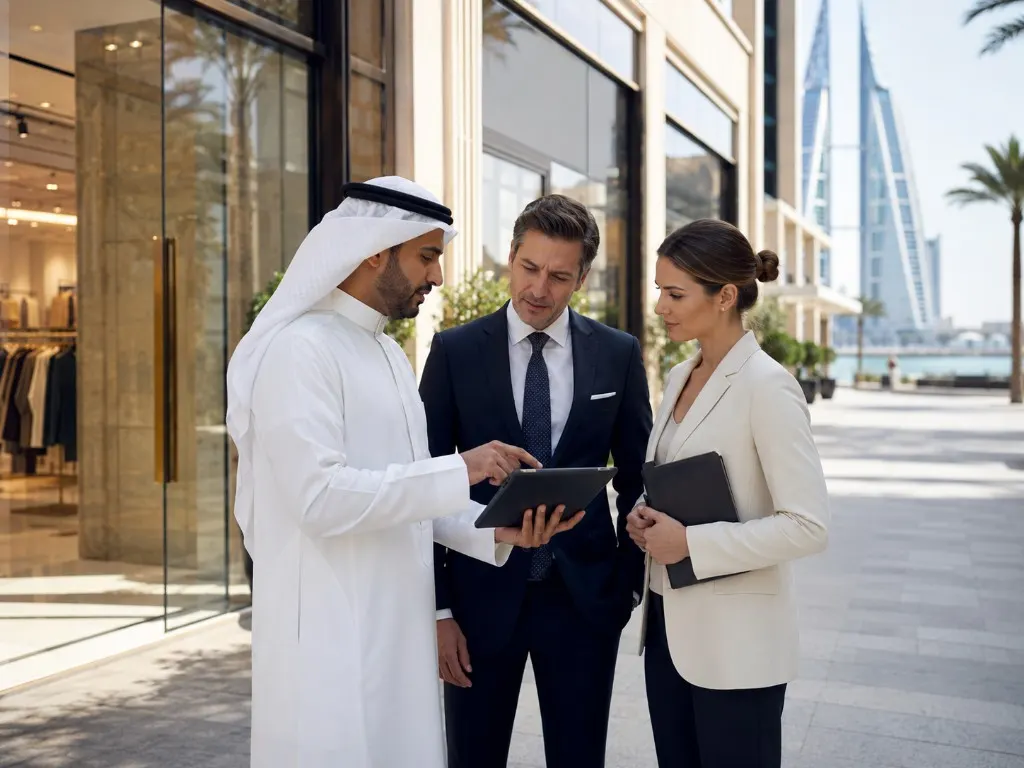Advisers reviewing retail locations on a tablet in Manama, with the World Trade Center in view