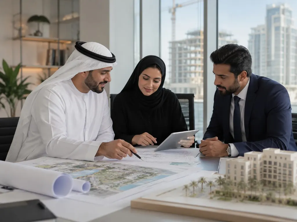 Development briefing over plans and a site model