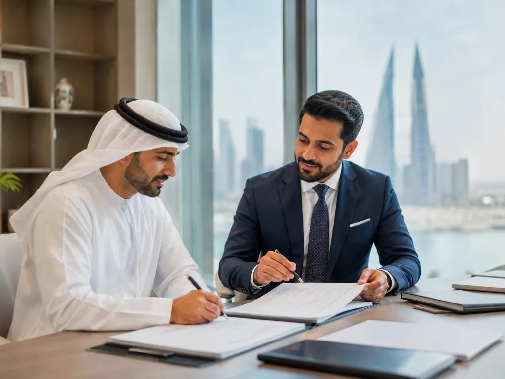 Lease documents being signed in a Manama office