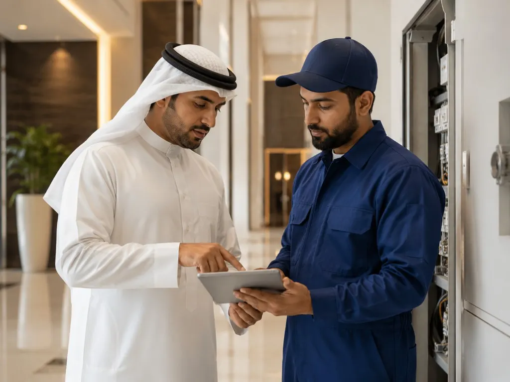 Maintenance review with a technician at a building services panel