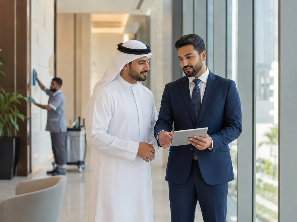 Property management walkthrough in a managed building lobby