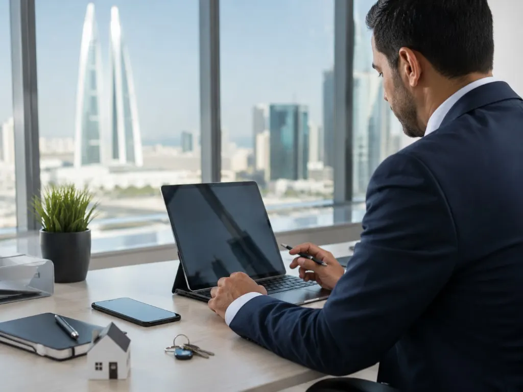 Rent tracking at a Manama desk, with keys, a property model and the World Trade Center in view