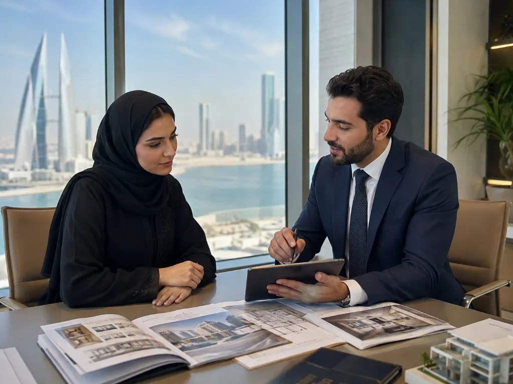 Buyer briefing in Manama over plans, a model and a tablet