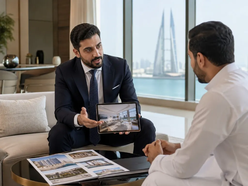 Seller presentation of a property interior in a Manama lounge