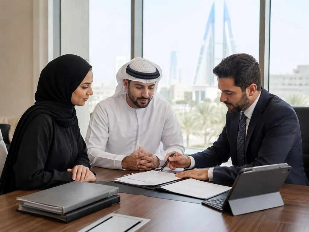 Transaction documents being reviewed with buyers in a Manama office