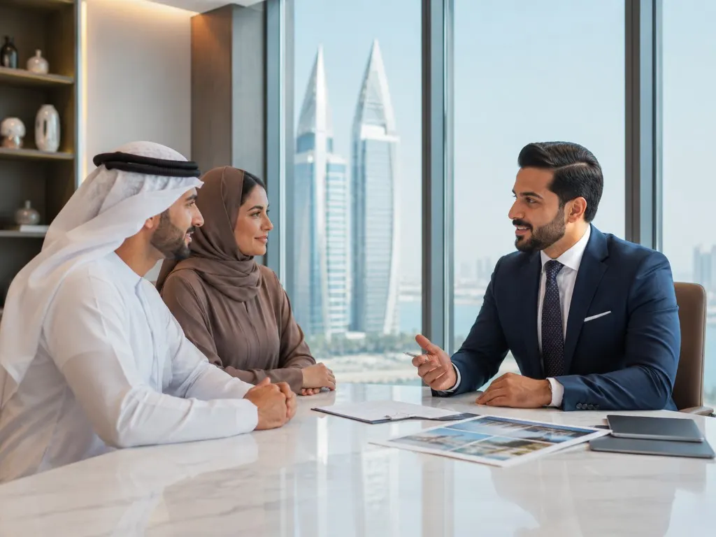Sales meeting in Manama with the Bahrain World Trade Center in the window