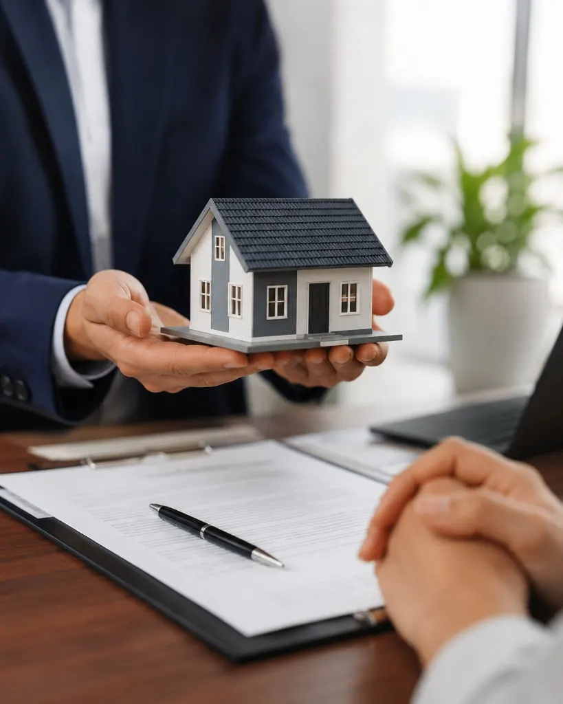 A property presented across the desk with a house model