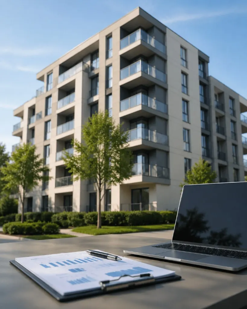 A residential building prepared for viewings, with market notes on the desk