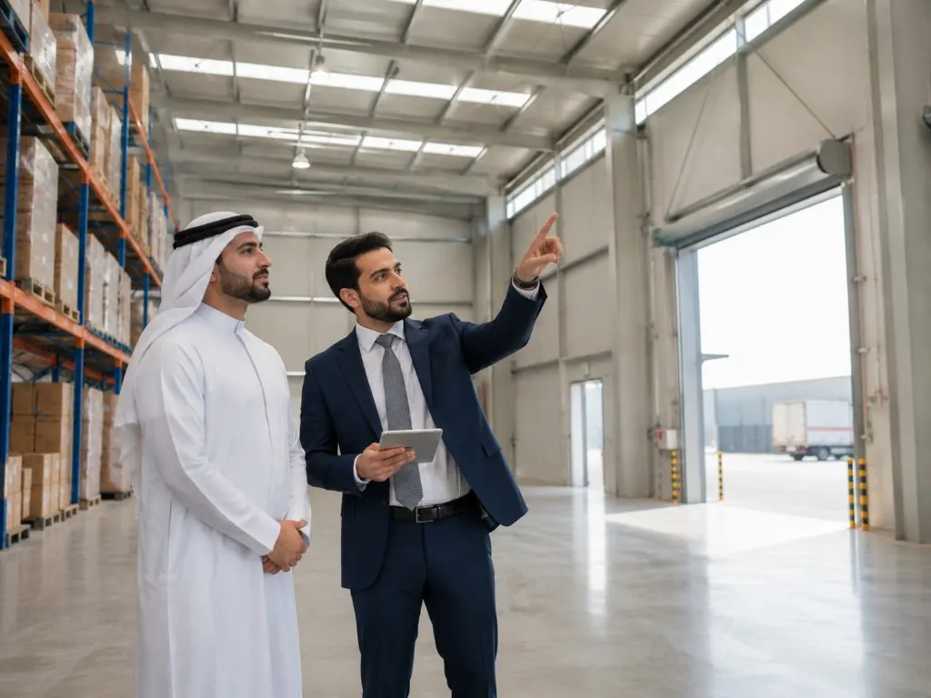Warehouse unit viewing in Sitra with racking and a loading bay