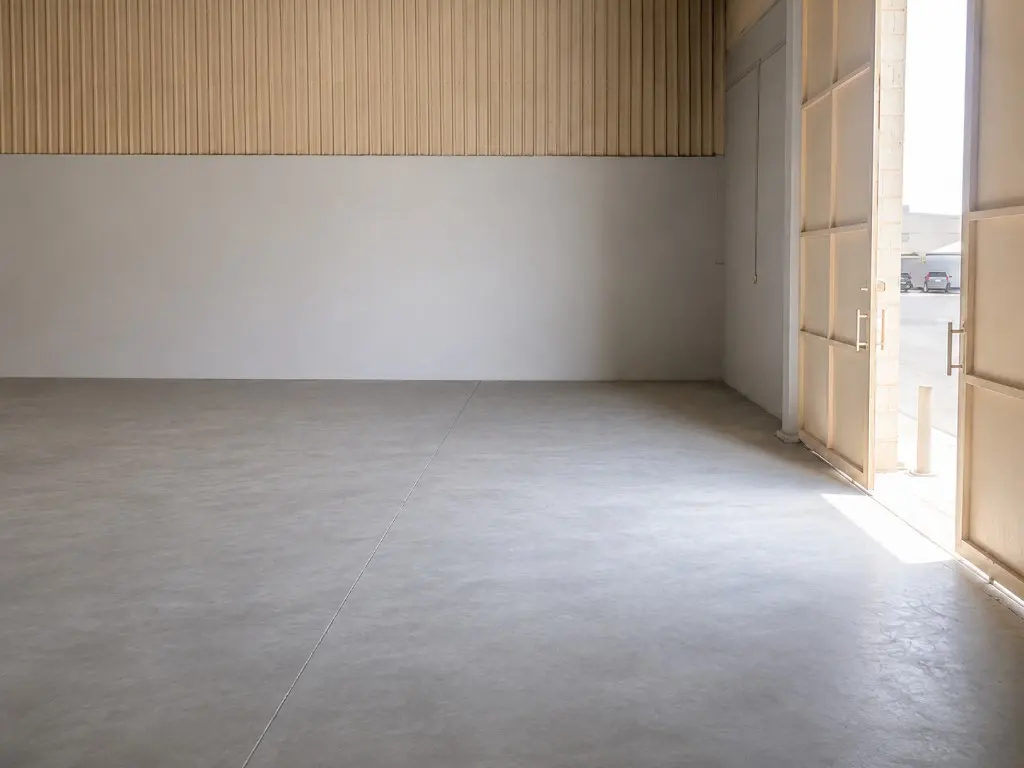 Empty warehouse interior with doors open to the yard