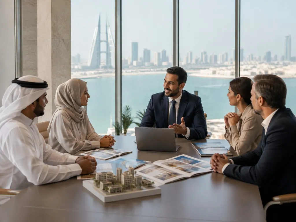 Owners, occupiers and advisers meeting in Manama over an architectural model