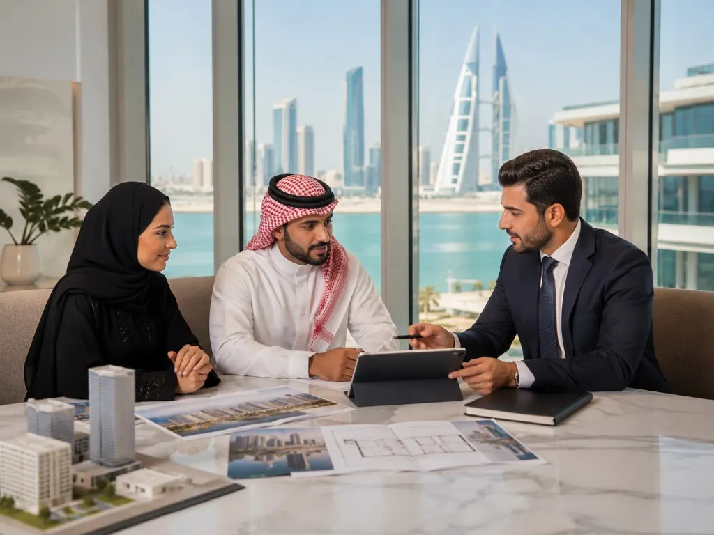 Real estate briefing in Manama with plans, a model and the World Trade Center in view