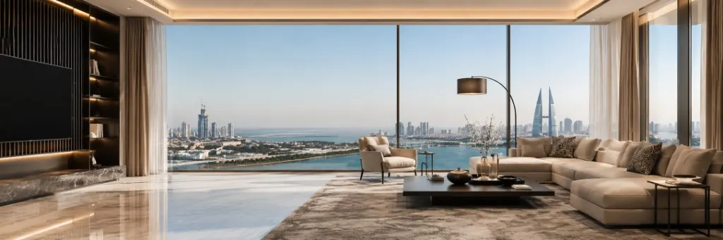Luxury penthouse living room in Manama overlooking the waterfront and city skyline