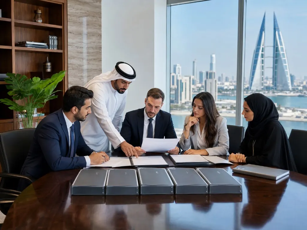 Professionals reviewing documents in a Manama office overlooking the Bahrain World Trade Center