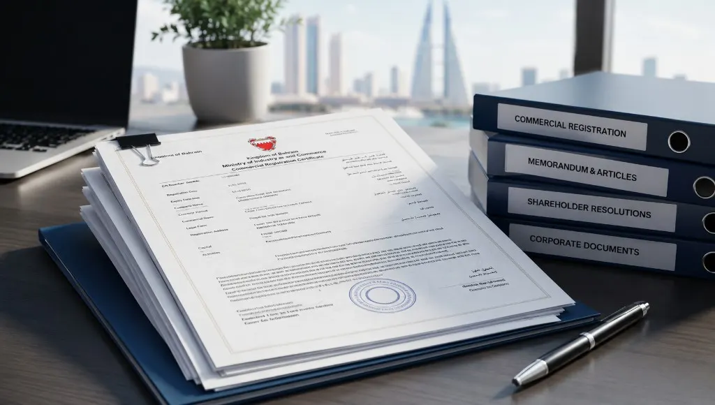 Desk in Manama with a Bahrain commercial registration certificate and labelled corporate document binders, the World Trade Center visible through the window