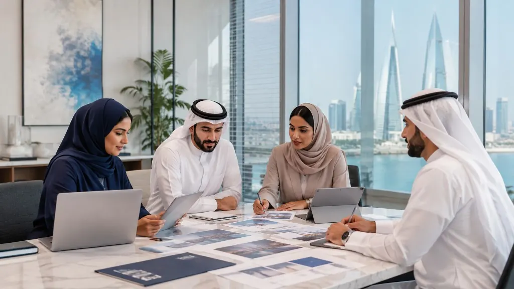 Colleagues reviewing brand materials around a conference table in a Bahrain office