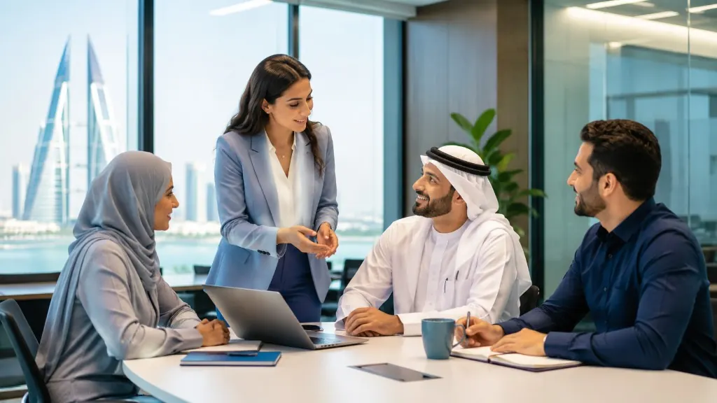 Colleagues discussing people and work around a table in a Manama office overlooking the Bahrain World Trade Center