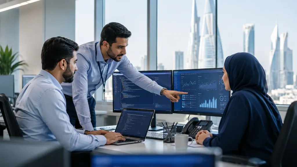 A Zoom technology team reviewing systems and dashboards in a Bahrain office
