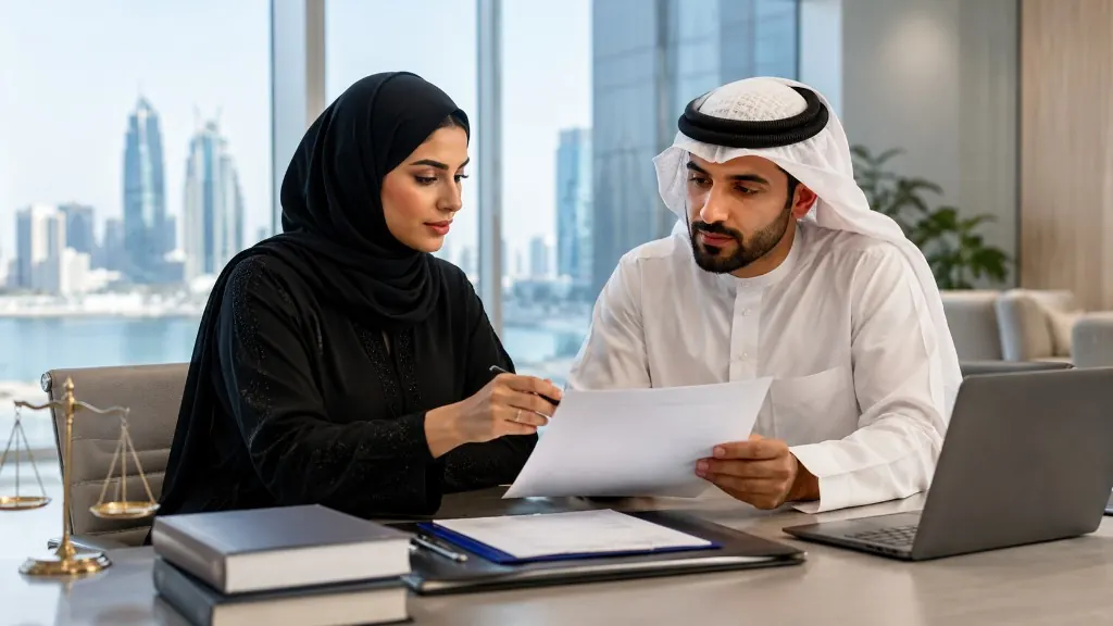 Legal colleagues reviewing a document in a Manama office, with law books and scales of justice on the desk