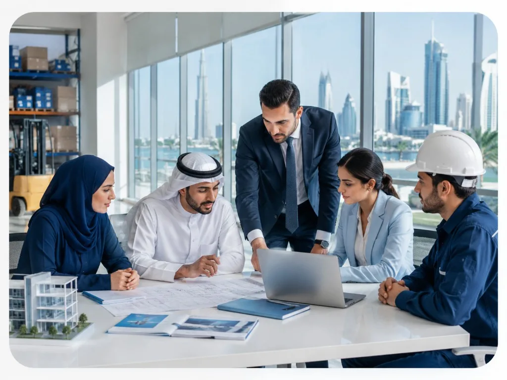 Professionals collaborating around a table with plans and a building model
