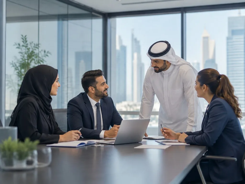 Colleagues in discussion around a conference table in a Bahrain office