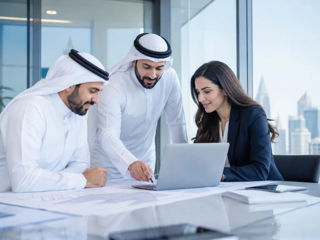 Colleagues reviewing plans and a laptop in a Bahrain office