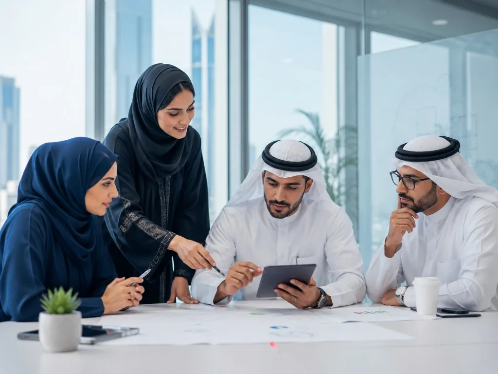 A Zoom team reviewing a digital brief together around a tablet