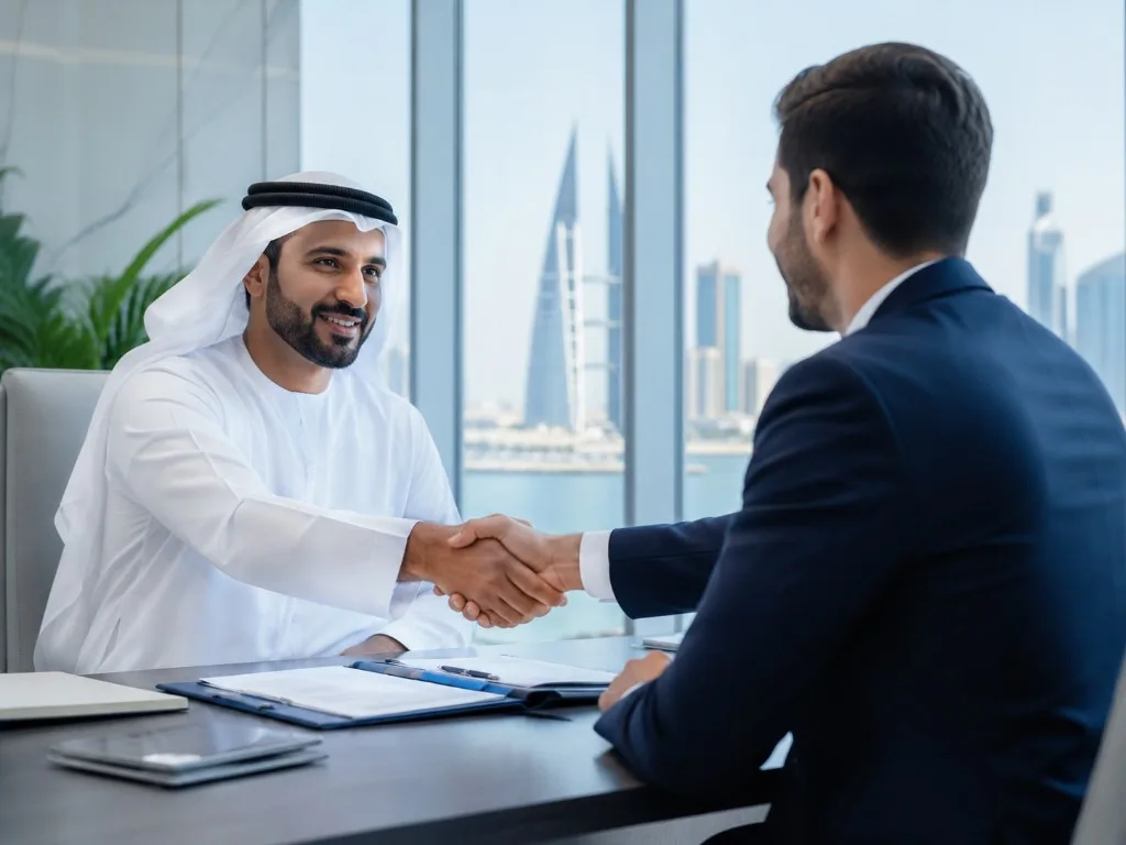A handshake over documents in a Manama office overlooking the Bahrain World Trade Center
