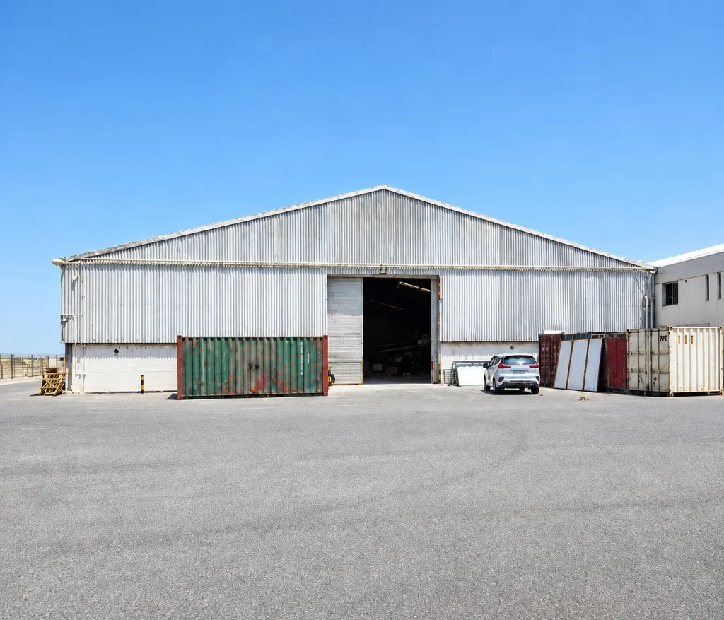Sitra warehouse yard with an open door, containers and space for commercial storage