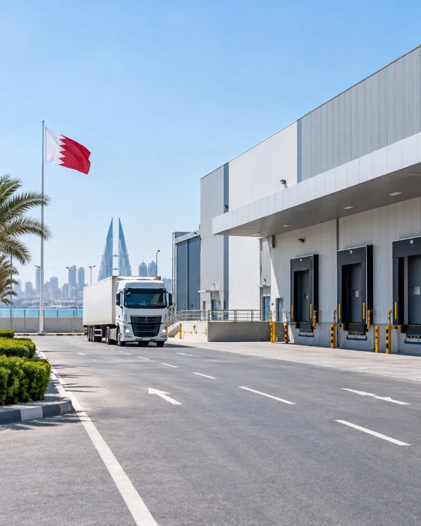 Sitra warehouse driveway with a truck and the Manama skyline beyond