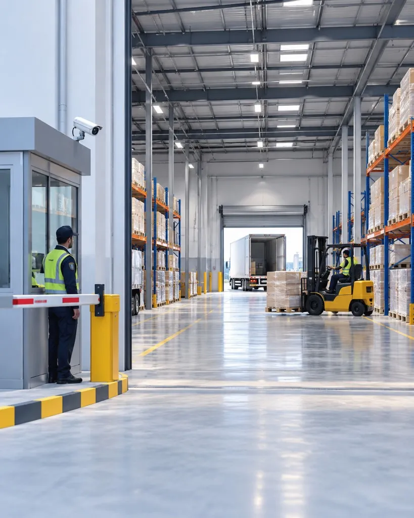 Sitra warehouse interior with security control, racking and a forklift