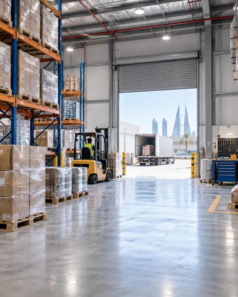 Loading bay at the Sitra warehouse looking out toward Manama