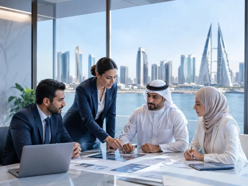 Zoom team reviewing plans in a Manama office overlooking the Bahrain World Trade Center