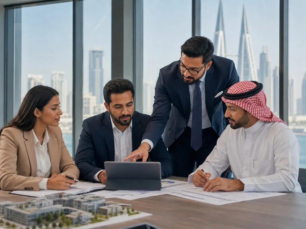 Colleagues working through plans on a tablet in a Bahrain office