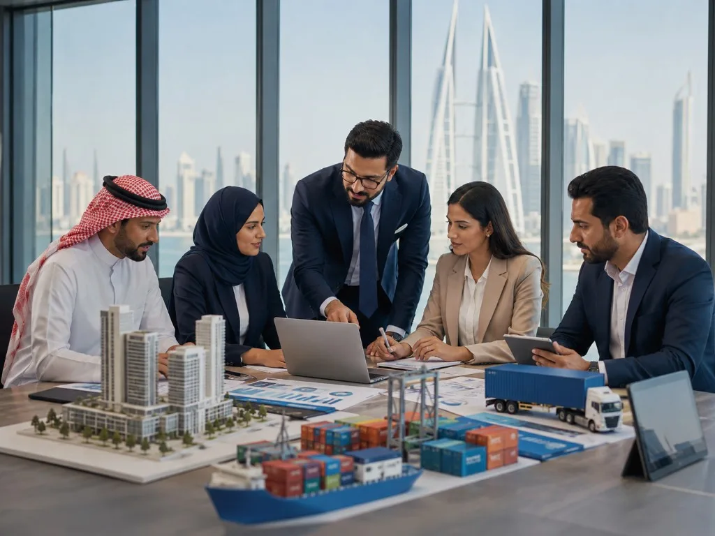 A team working across property, freight and transport models in one meeting