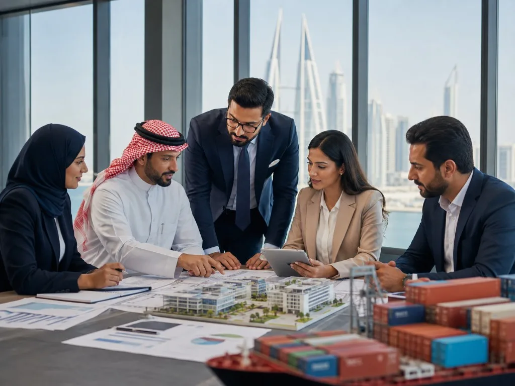 A Zoom team reviewing property and logistics models in a Manama office