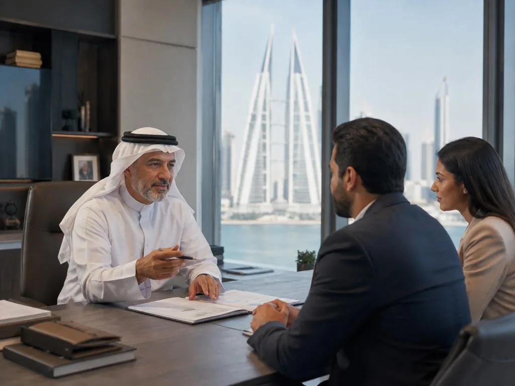 A senior meeting in a Manama office overlooking the Bahrain World Trade Center