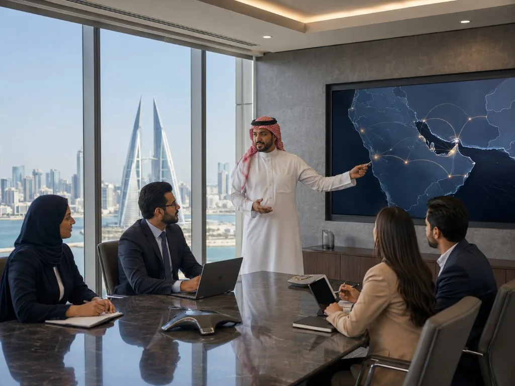 A GCC regional map briefing in a Manama boardroom
