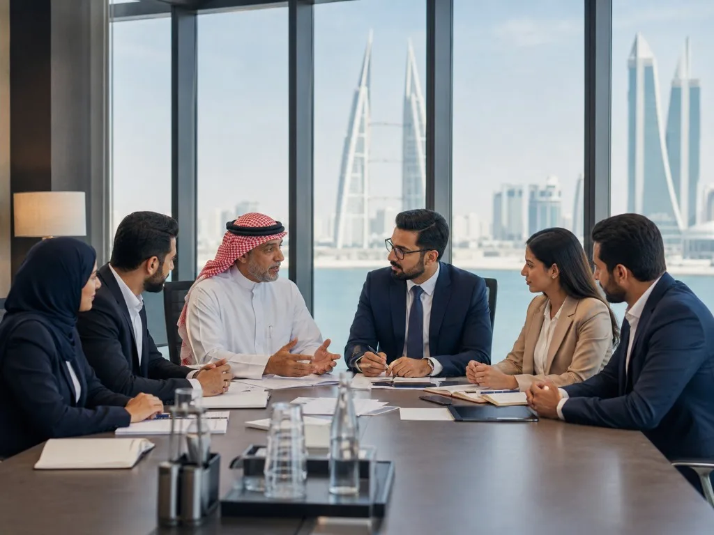 Leadership and colleagues in discussion around a Bahrain boardroom table