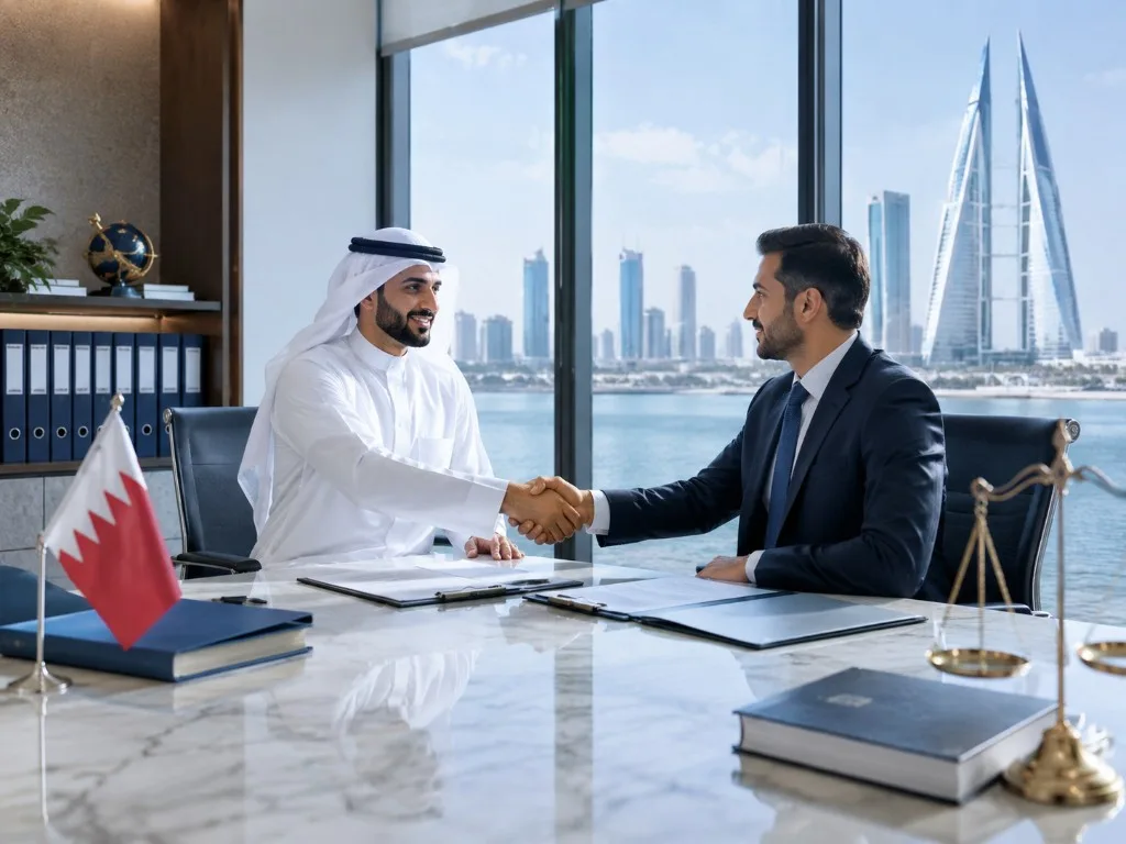 Formal agreement in Bahrain, with the national flag and licensed company documentation