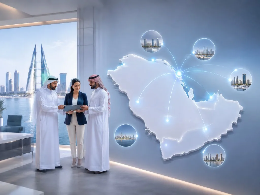 Bahrain headquarters with a regional map connecting neighbouring GCC markets
